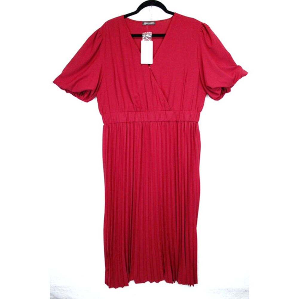 Pretty Garden Midi Pleated Flowy Dress Women XL Wrap V Neck Puff Sleeve‎ Red